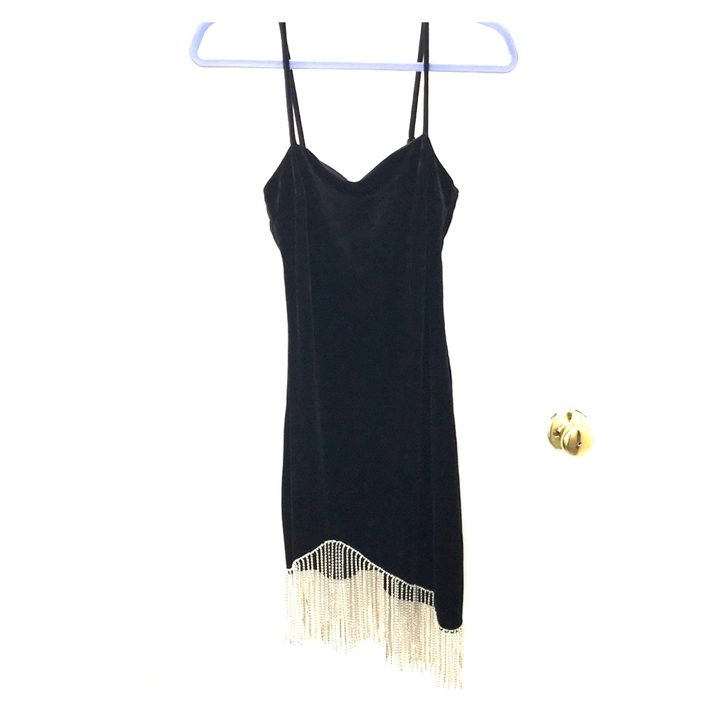 Black velvet spaghetti strap mini dress.